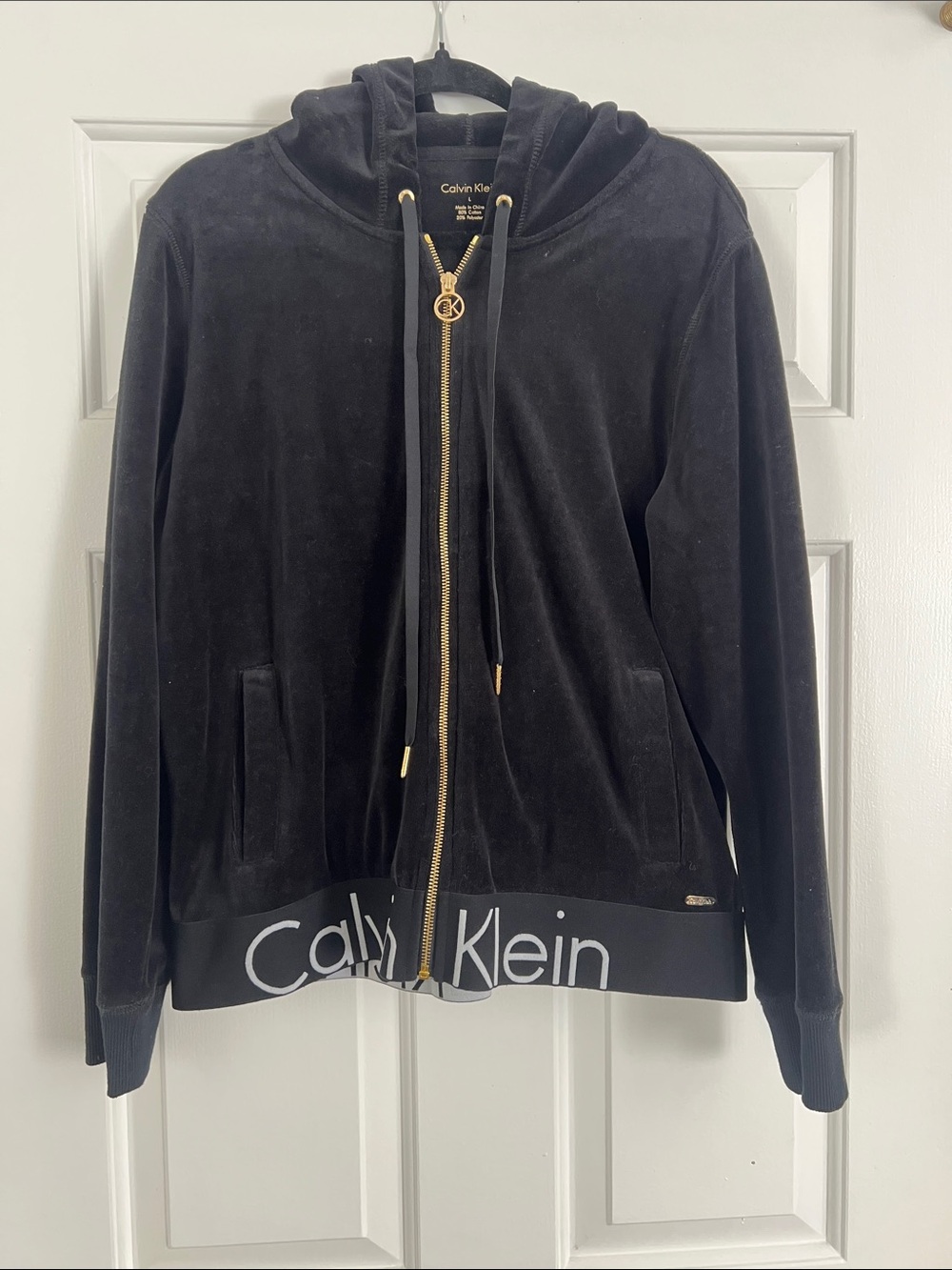 Calvin Klein Black Velour Zip-Up Hoodie with Gold Hardware